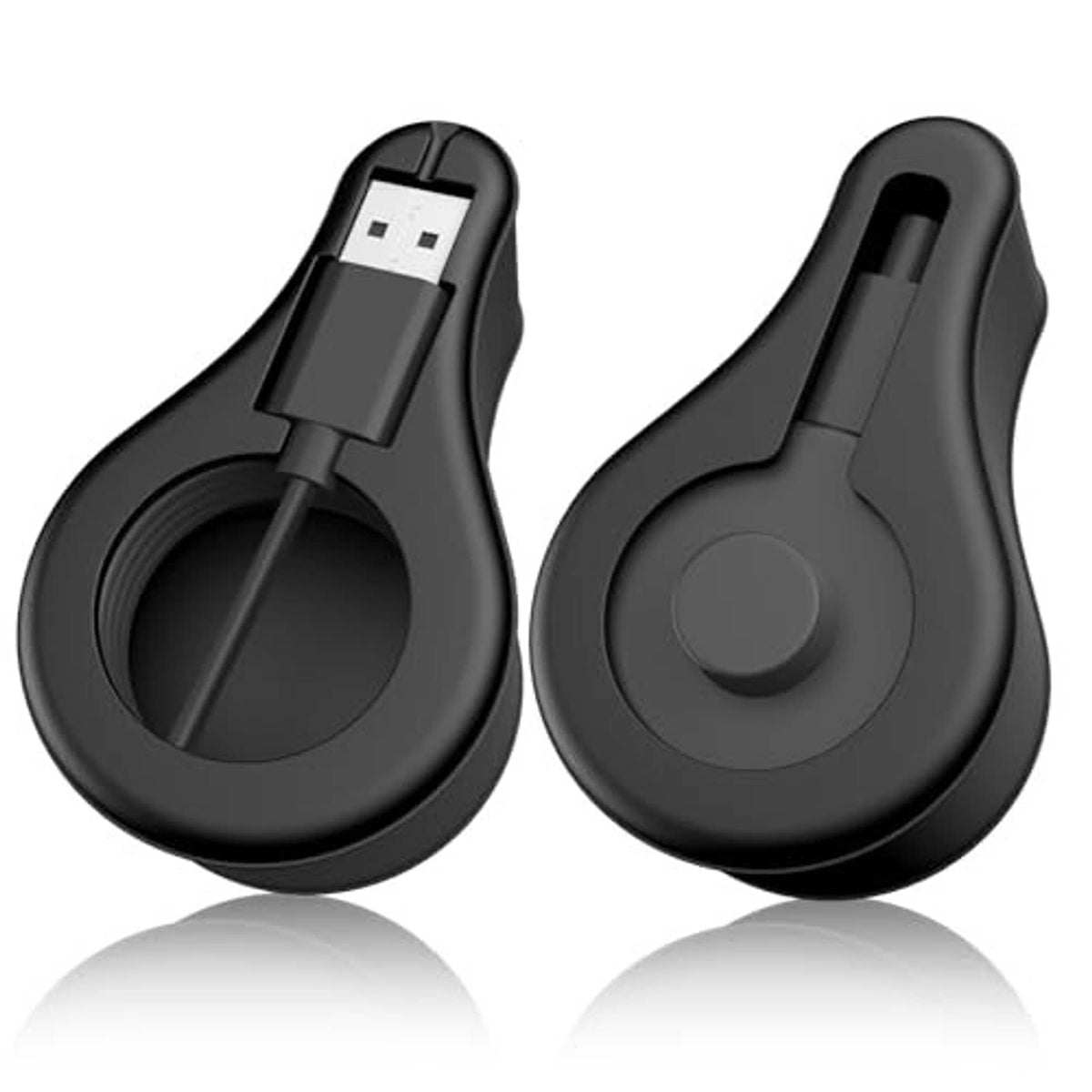 Pair of black silicone charger stands with cable plug and circular base pad