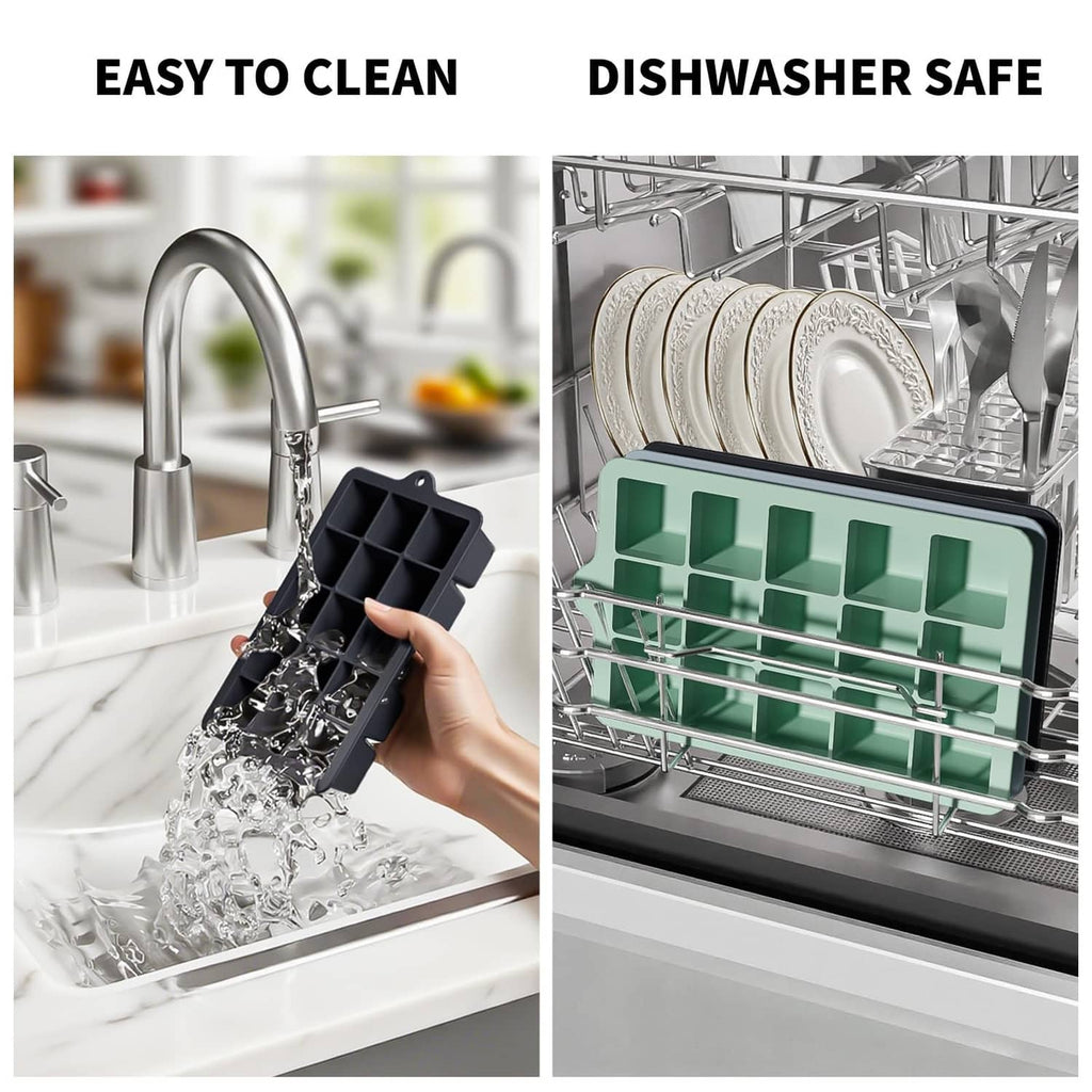 Silicone ice cube tray shown being rinsed and placed in a dishwasher rack