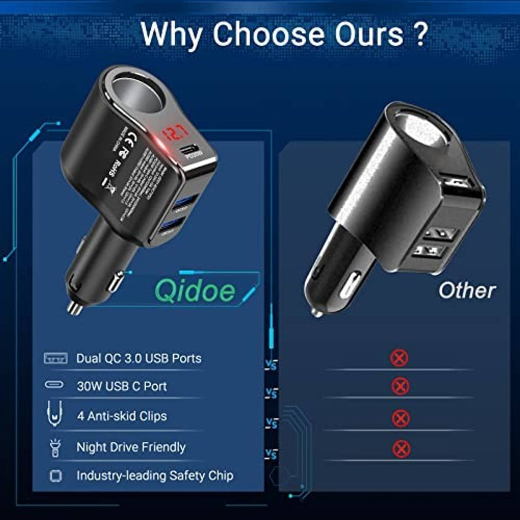 Black car charger splitter with QC3.0 USB-A and USB-C ports, shown in comparison graphic