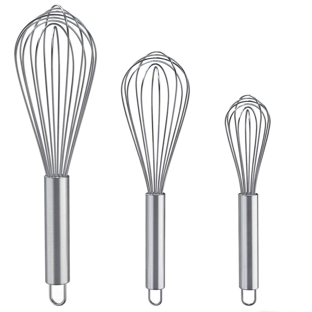 Stainless steel whisk set with 3 wire whisks, silver handles and loop heads
