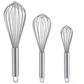 Stainless steel whisk set with 3 wire whisks, silver handles and loop heads