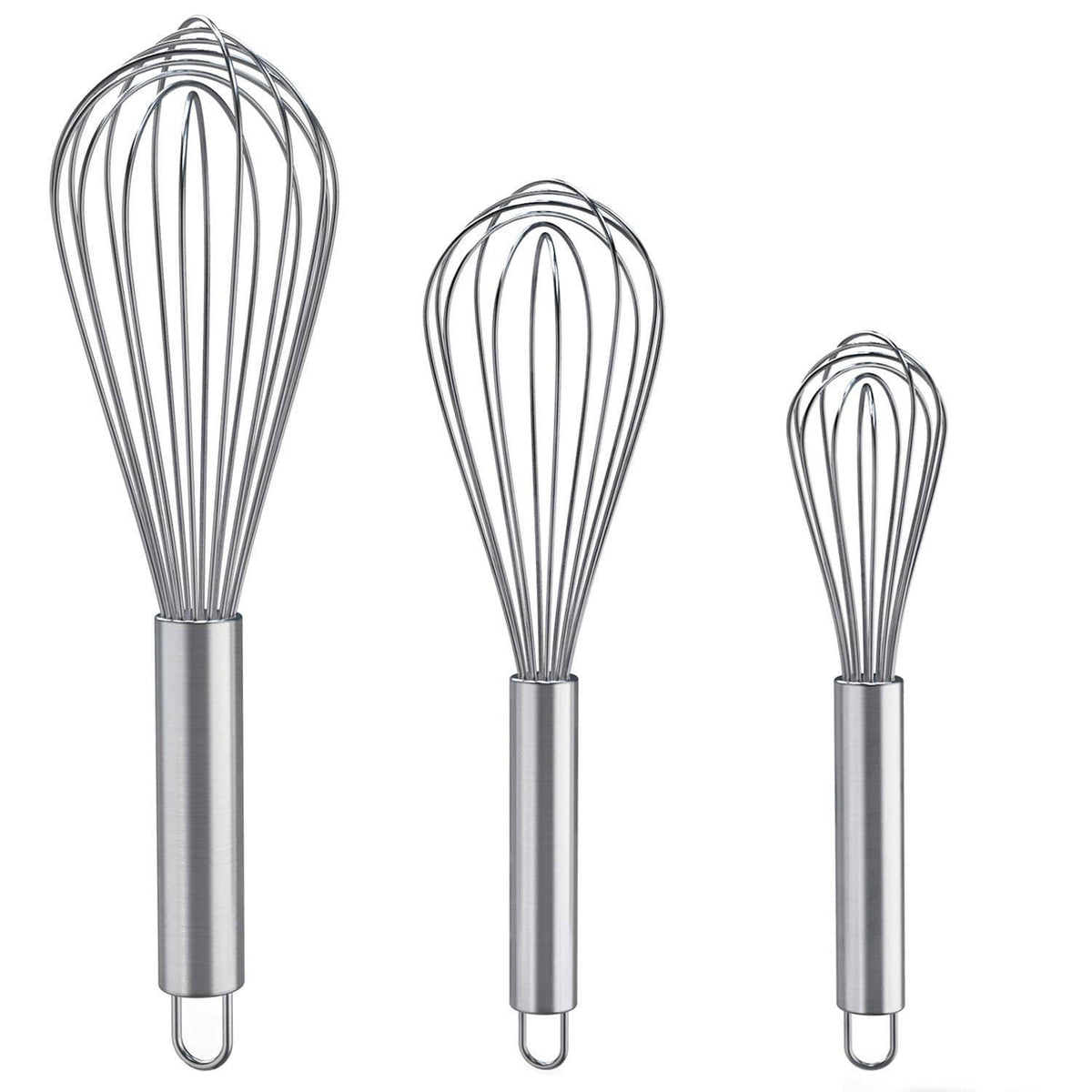 Stainless steel whisk set with 3 wire whisks, silver handles and loop heads
