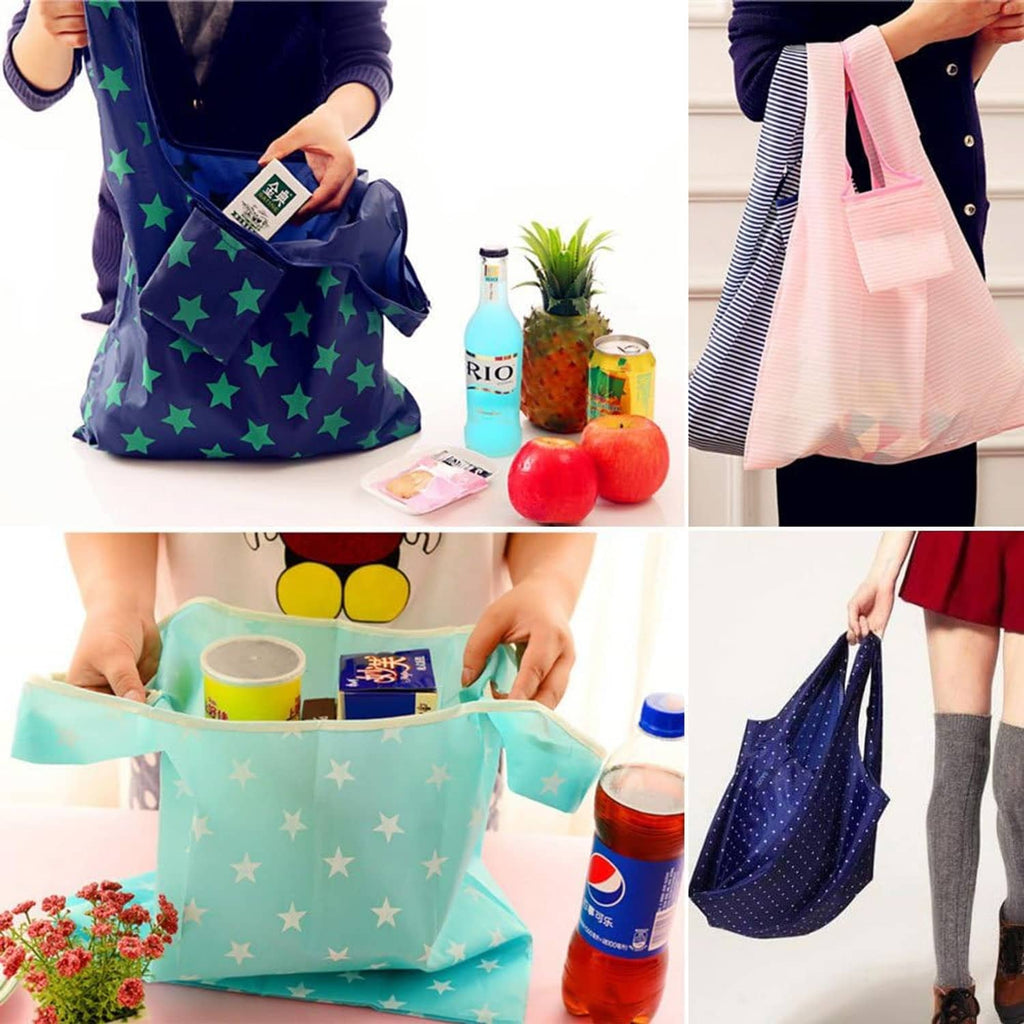 Hands carrying foldable star-pattern cloth tote bags in dark blue, aqua, and striped pink styles