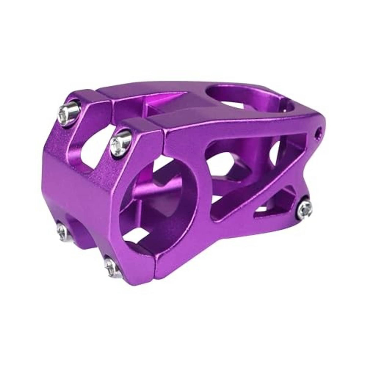Purple alloy bike stem with multi-hole cutouts and front clamp bolts