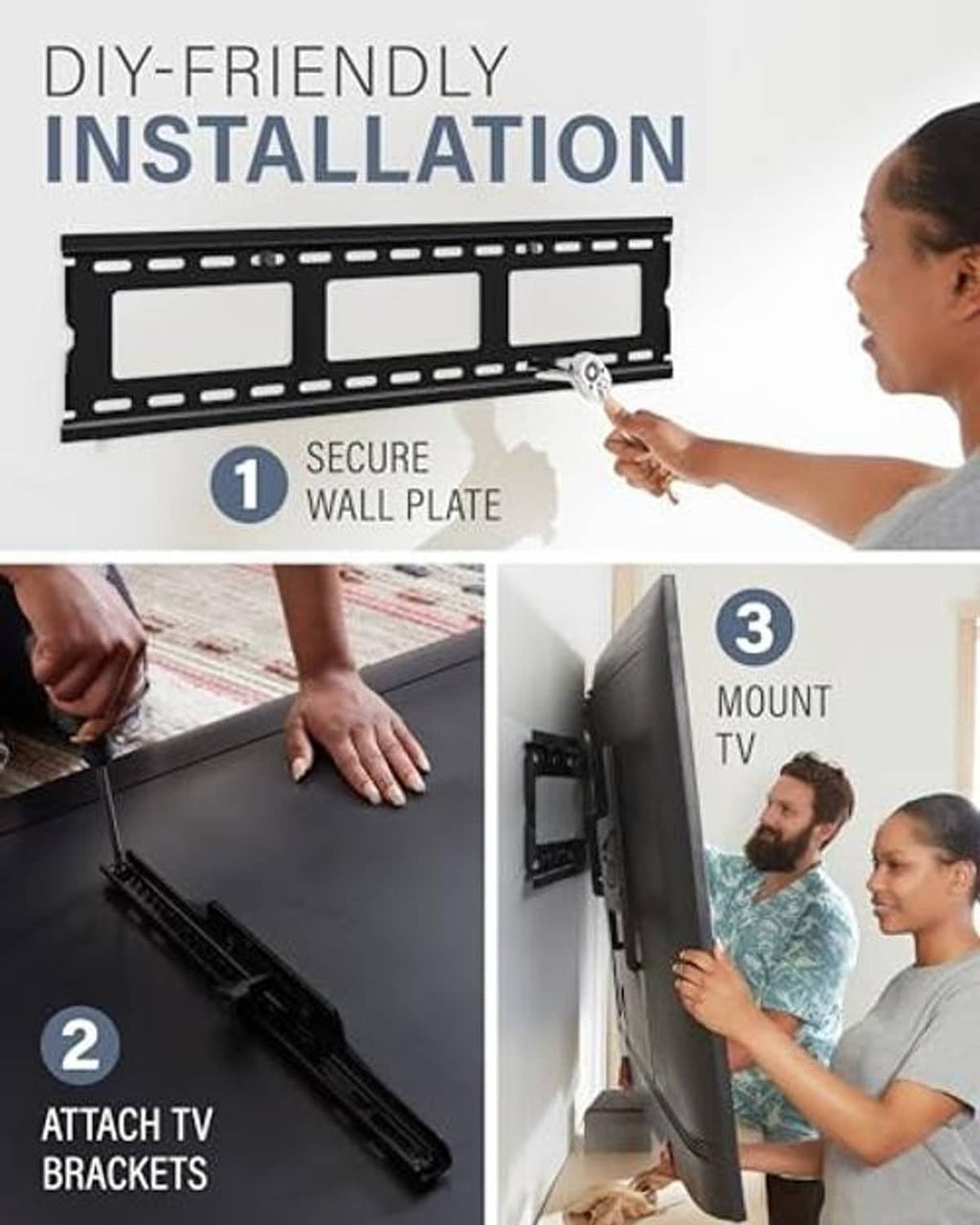 TV wall mount bracket with wall plate and TV brackets shown during DIY installation