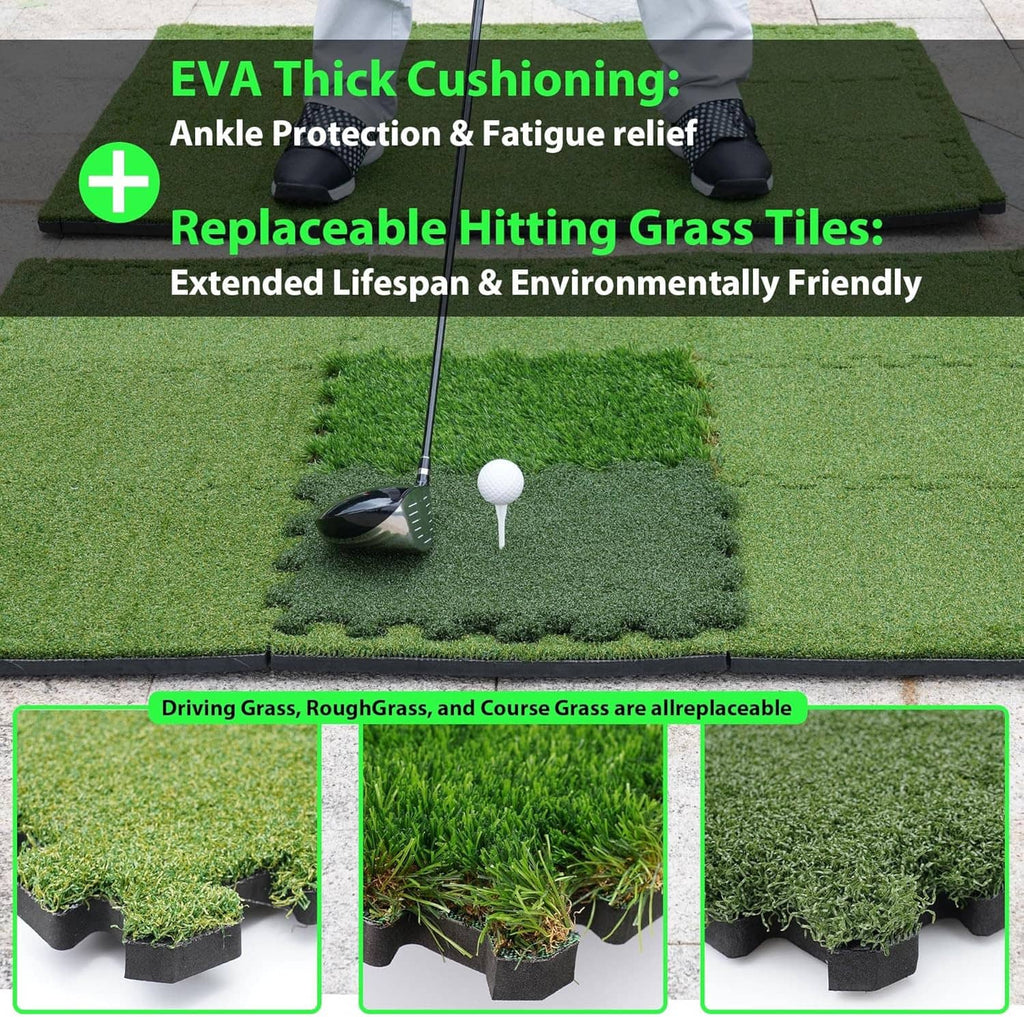 Tri-turf golf hitting mat with visible thickness and replaceable grass tile sections