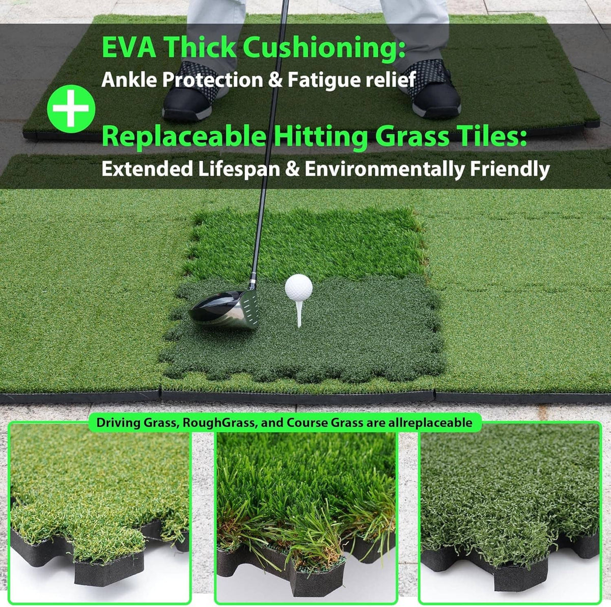Tri-turf golf hitting mat with visible thickness and replaceable grass tile sections