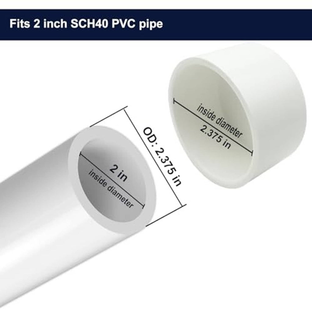 White PVC end cap with inside and outside diameter markings for SCH40 2-inch pipe