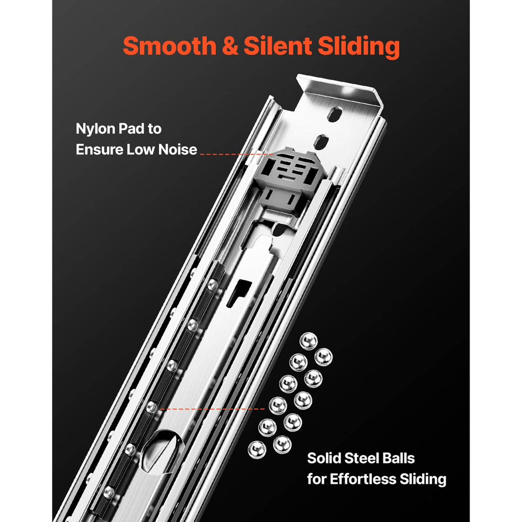 Nylon-pad drawer slide rails with solid steel ball bearings for smooth, quiet motion.