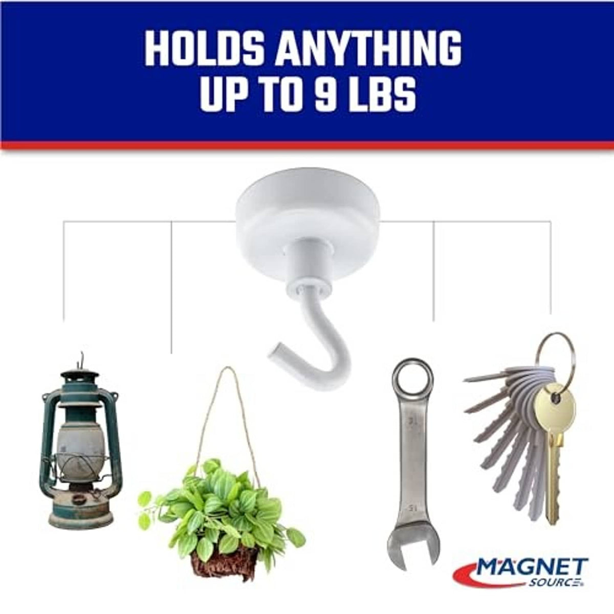 White magnetic hook holding keys and a small lantern from a circular base