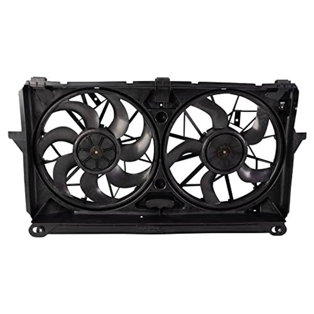 Dual radiator cooling fan assembly, front view with two fan blades and wiring housing
