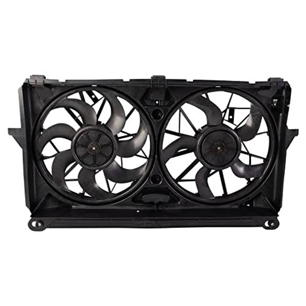 Dual radiator cooling fan assembly, front view with two fan blades and wiring housing