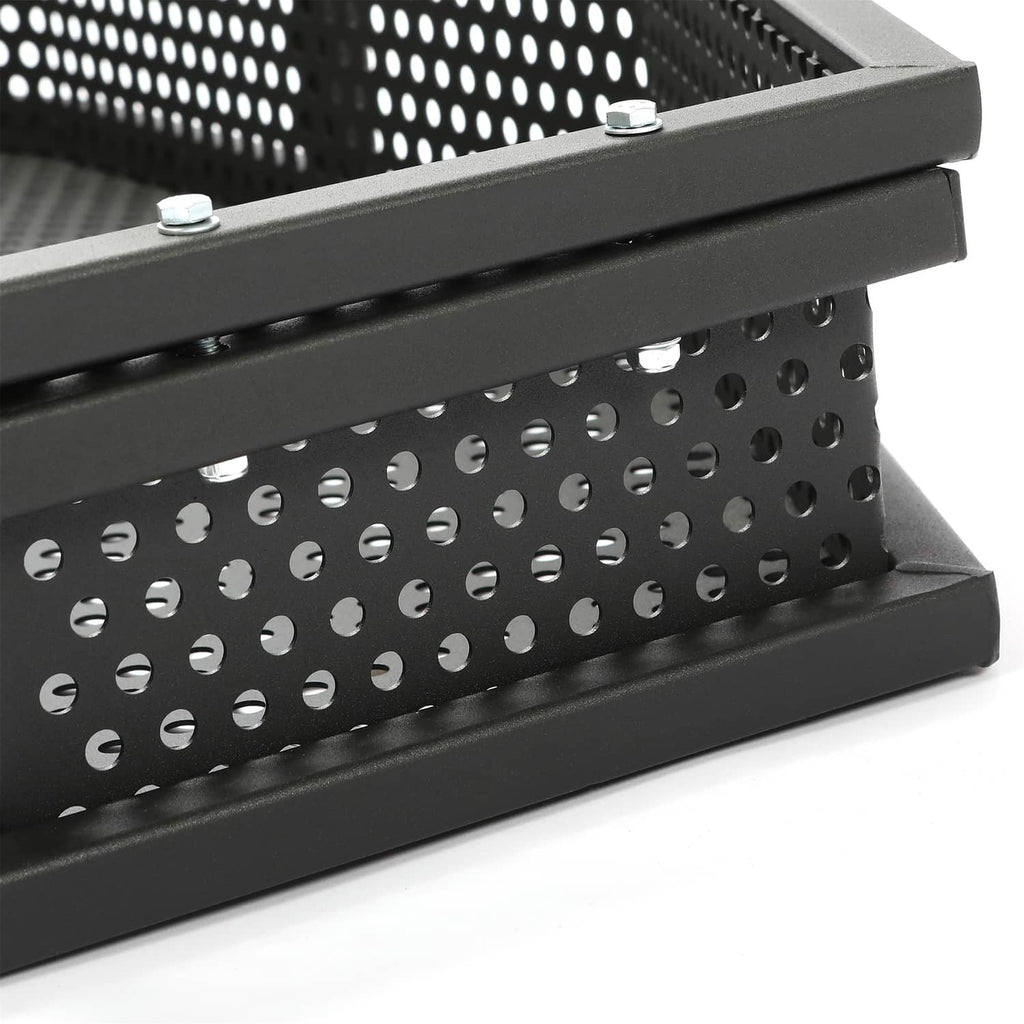 Utility storage basket with perforated metal side panel and black frame edge