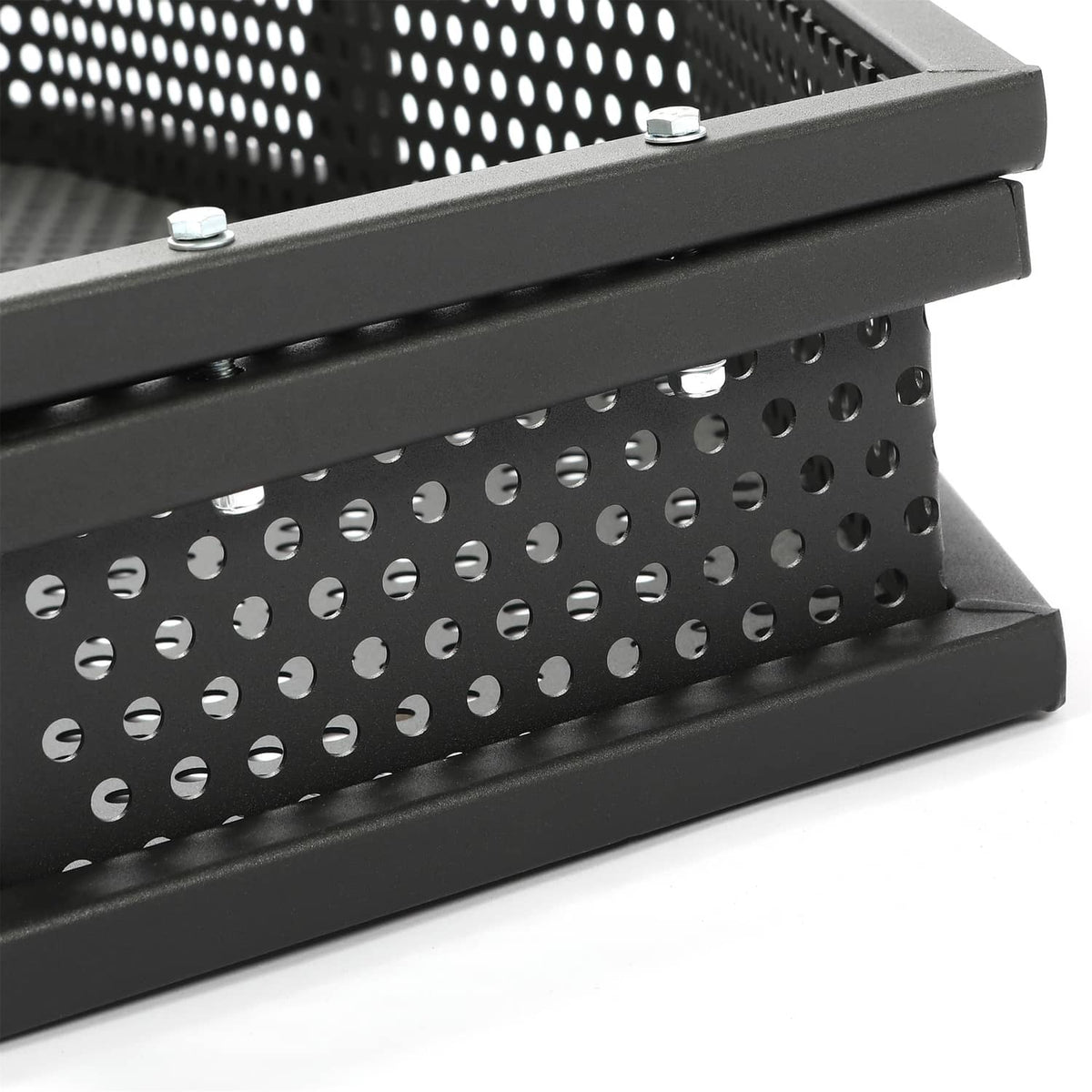 Utility storage basket with perforated metal side panel and black frame edge