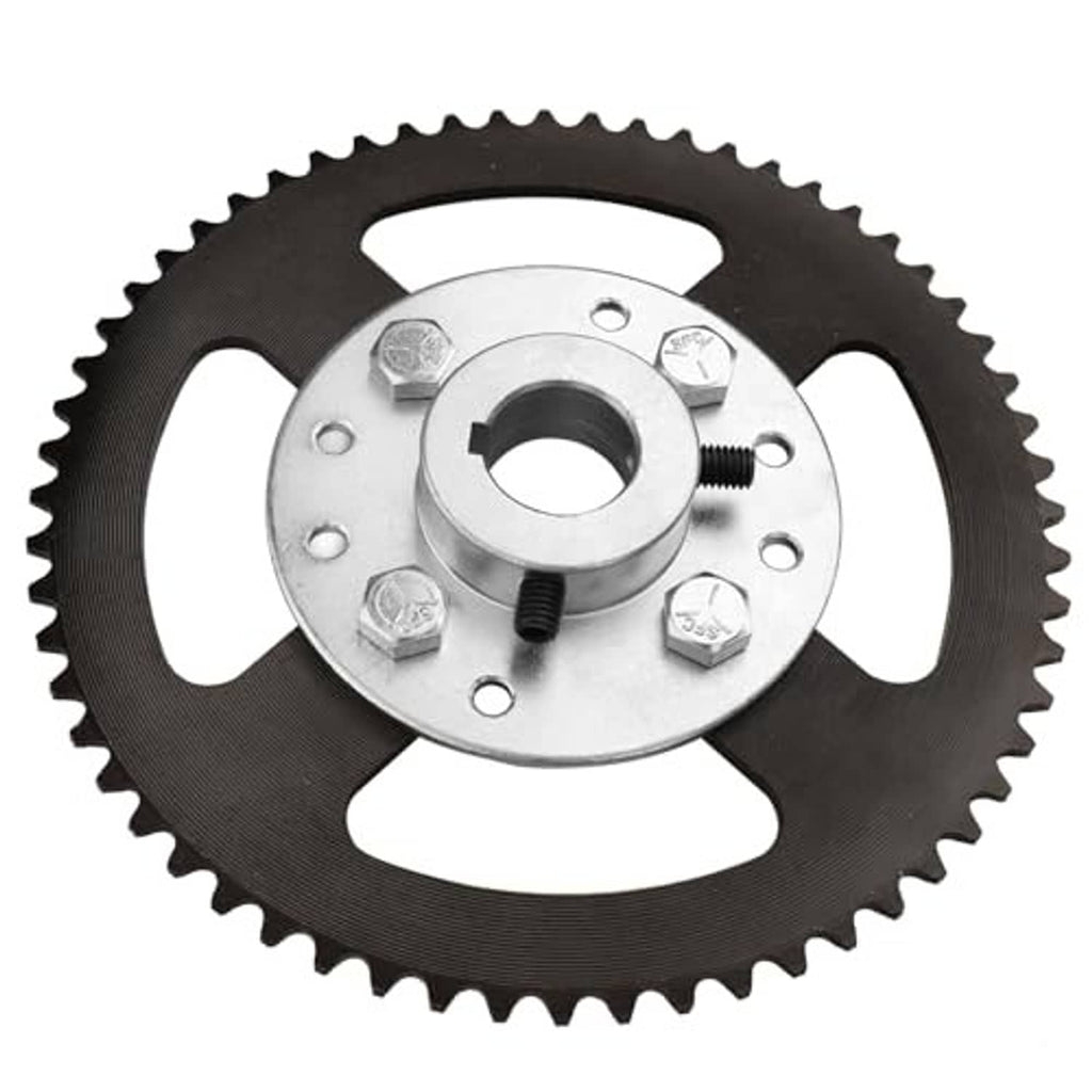 Go-kart sprocket set with black toothed wheel, silver hub ring, and hex bolts.