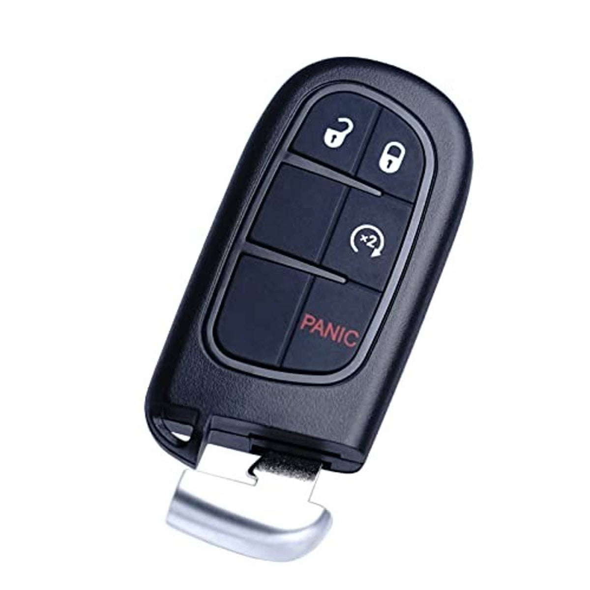 Black 4-button key fob with key blade extended and visible lock, unlock, and panic controls.