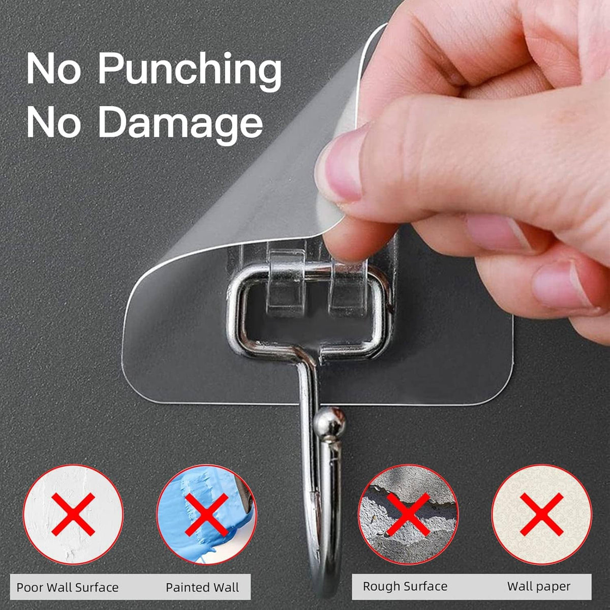 Adhesive wall hook with mounting plate, pressed by hand, no-punch design
