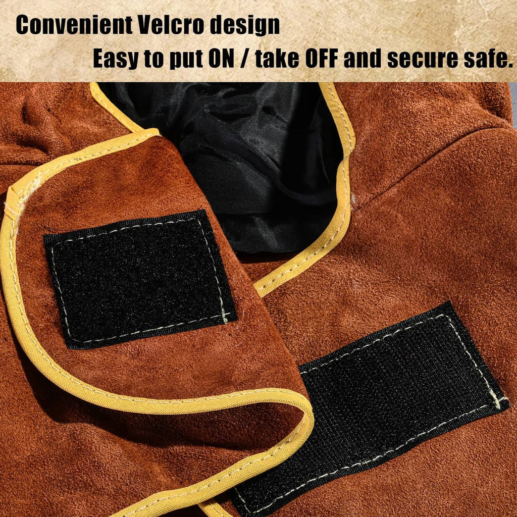Orange split-leather welding hood with hook-and-loop closure straps