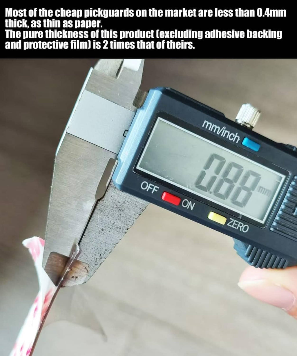 Pickguard thickness measured with digital caliper tool