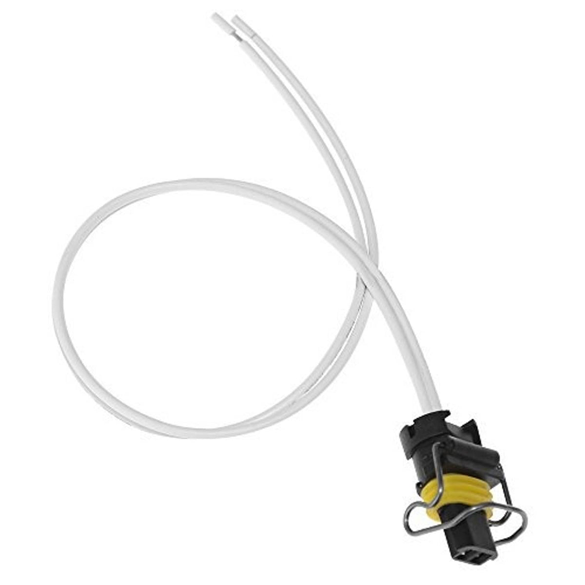 2-wire pigtail connector with white cable loop and black plug with yellow insulator