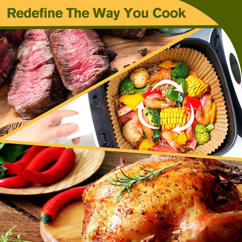 Square air fryer paper liner holding vegetables and meat in the basket