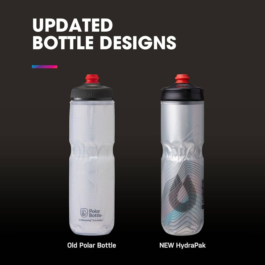 Two insulated bottles shown side by side: white and silver with red caps