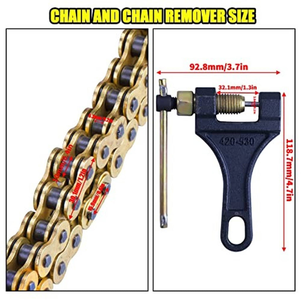 Gold X-ring chain and chain breaker tool size diagram with width and height measurements