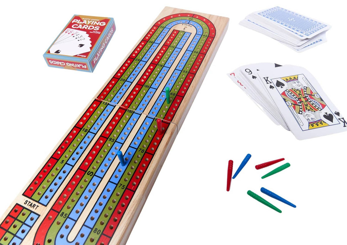 Wooden cribbage board with colored lanes, playing cards, and colored pegs