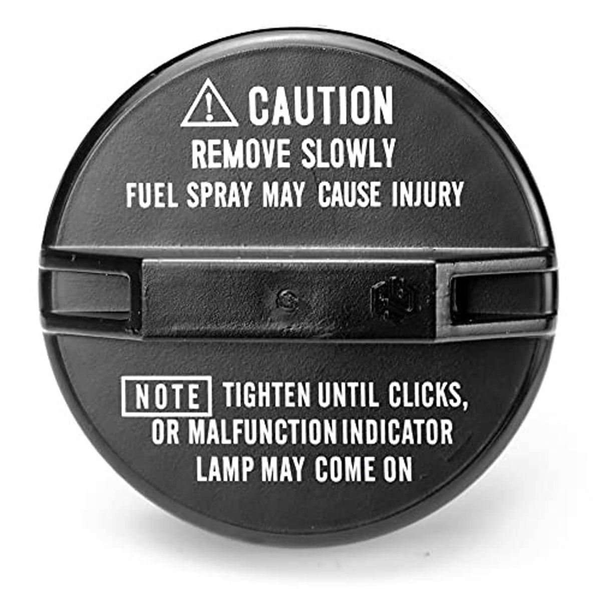 Fuel cap, dark black round cover with caution and note warning text molded on front