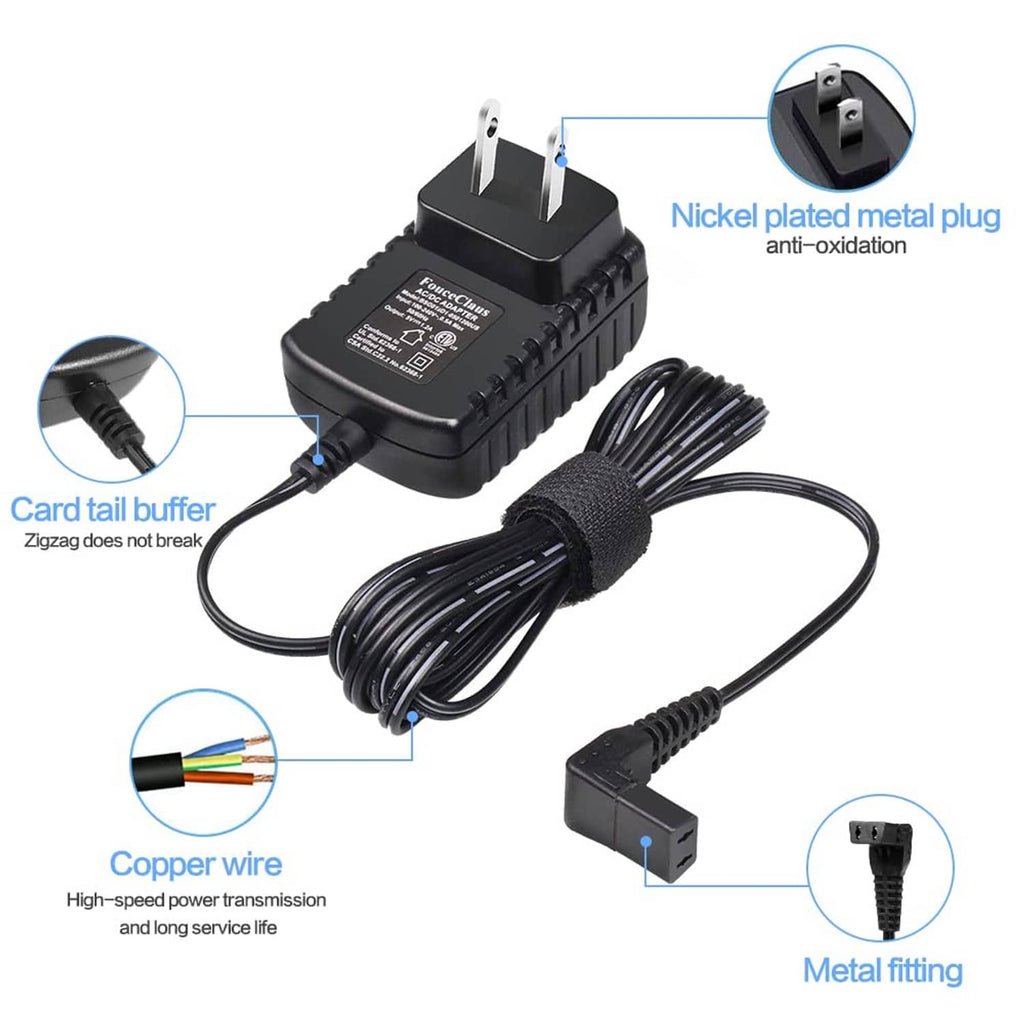 Black power adapter charger with coiled cable, metal fitting, and nickel-plated plug