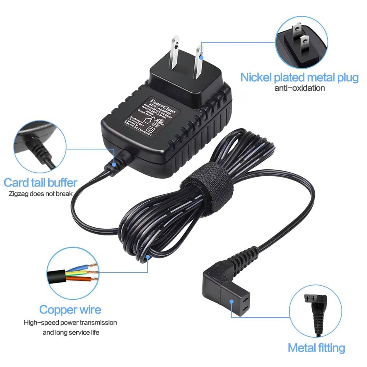 Black power adapter charger with coiled cable, metal fitting, and nickel-plated plug