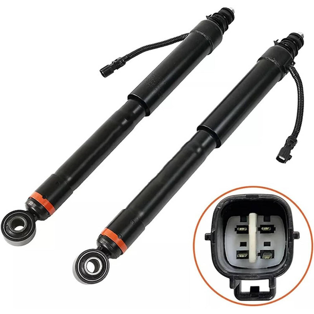 Two shock strut assemblies with black cylinders, orange markings, and connector plug
