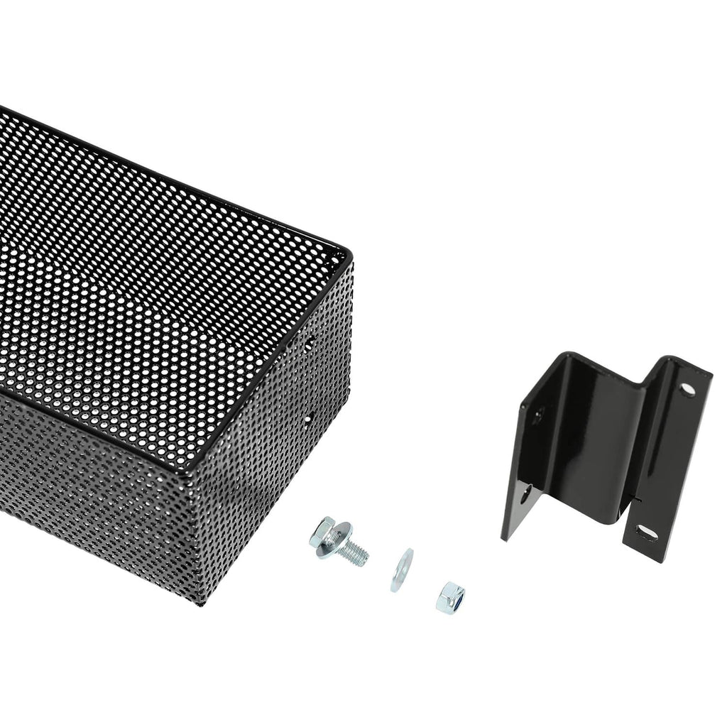 Black mesh storage basket box corner detail with included screws and mounting brackets