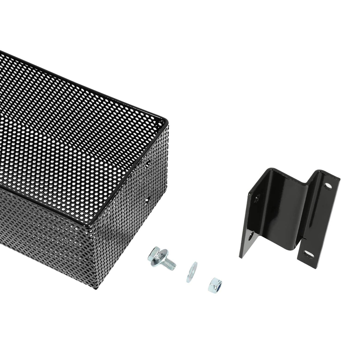 Black mesh storage basket box corner detail with included screws and mounting brackets