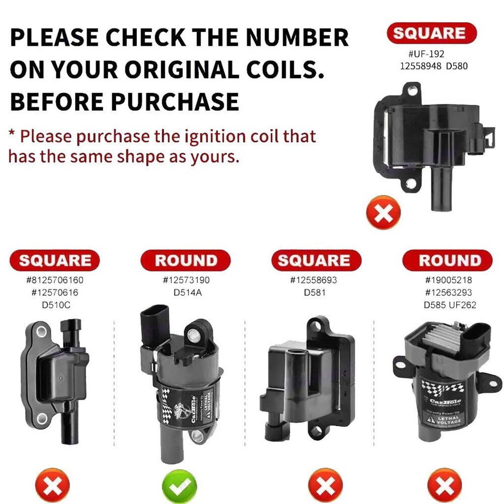 Ignition coil fitment guide showing multiple coil connector shapes and terminals