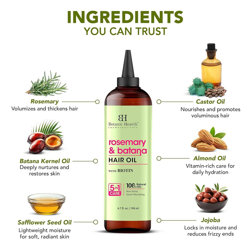 Botanic Hearth rosemary & batana hair oil bottle with ingredient circles on back label
