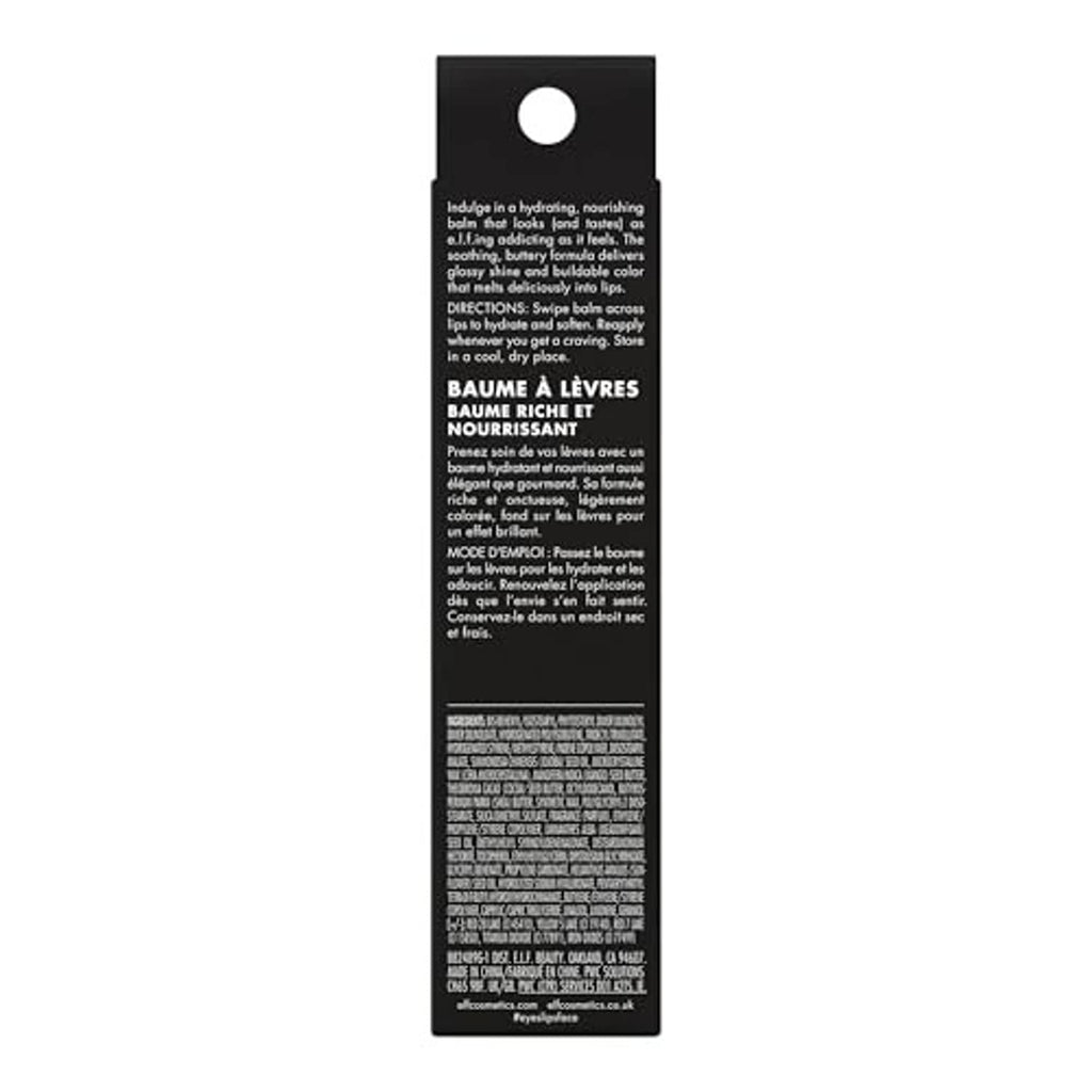 e.l.f. lip balm box back panel with product details, 0.52 oz