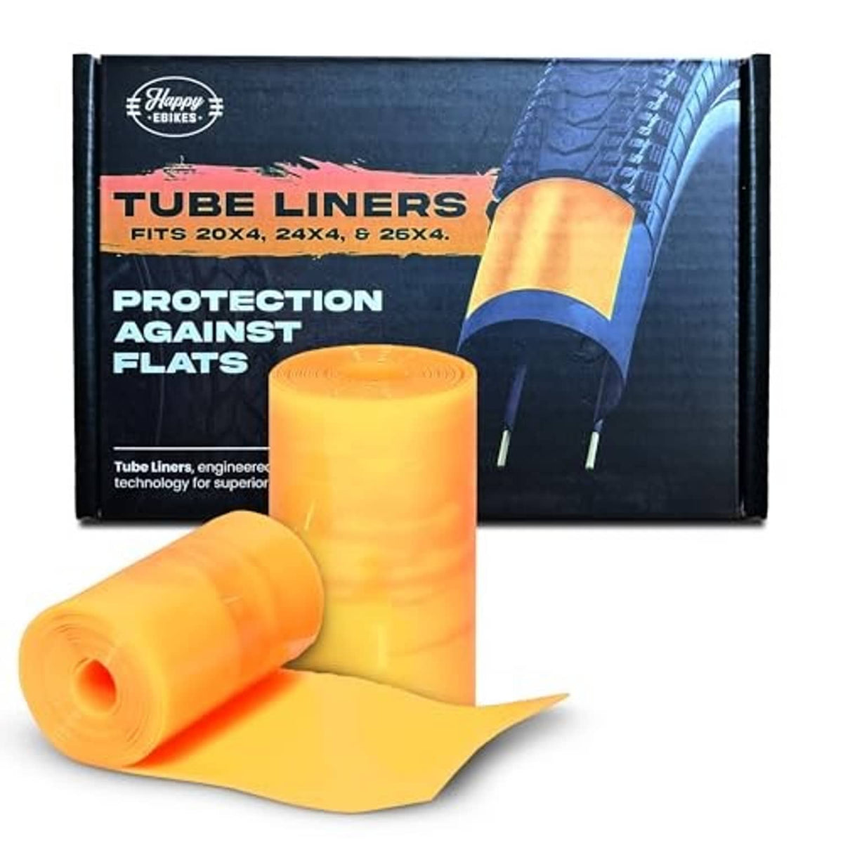 Orange bike tube tire liner roll and strip with protective liner packaging behind.