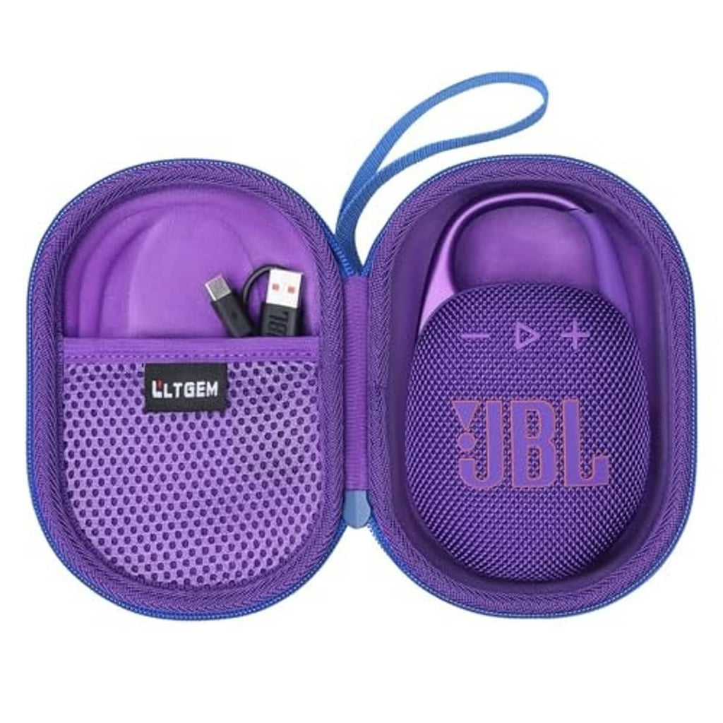 Purple zip case for a portable speaker, with blue strap and mesh divider pocket