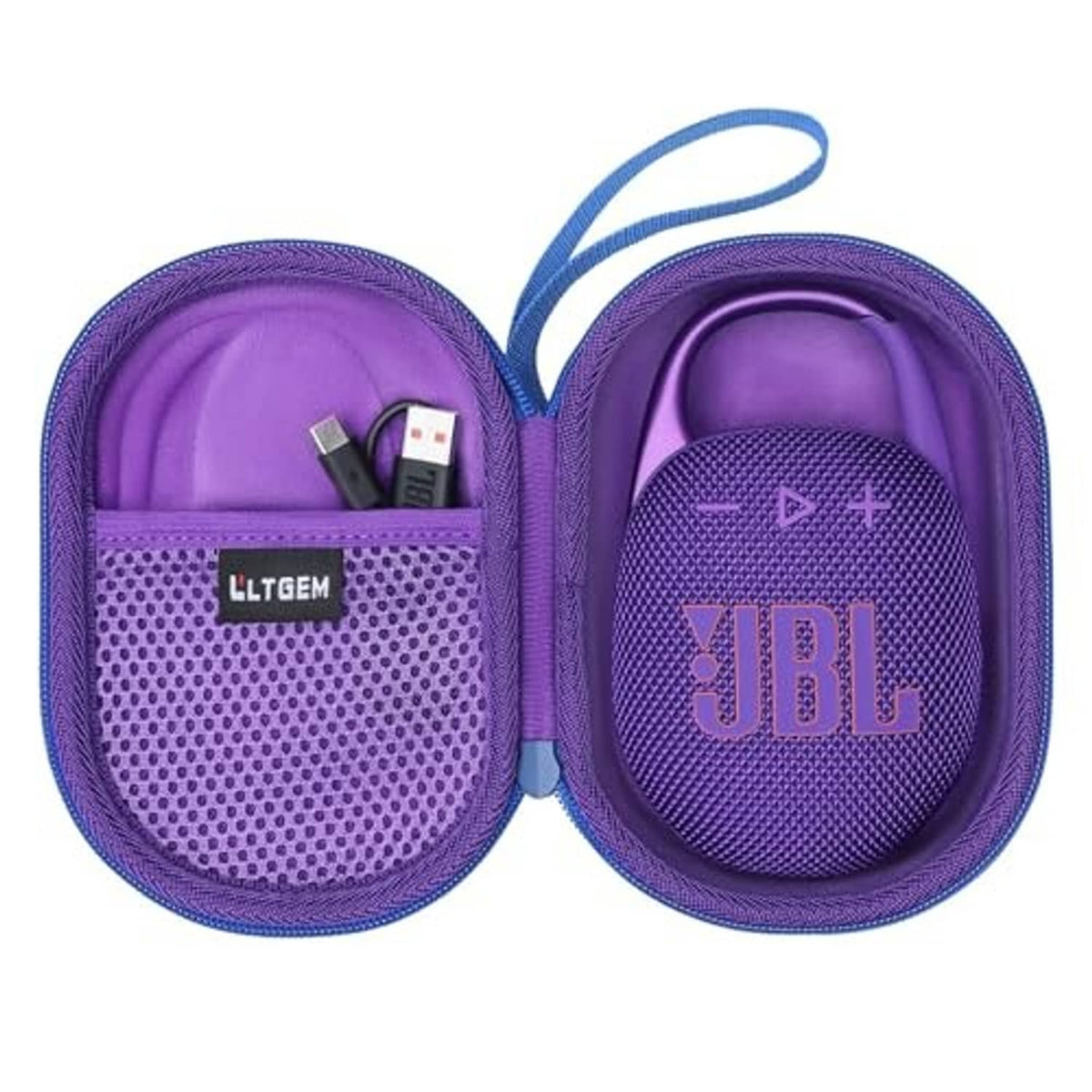 Purple zip case for a portable speaker, with blue strap and mesh divider pocket