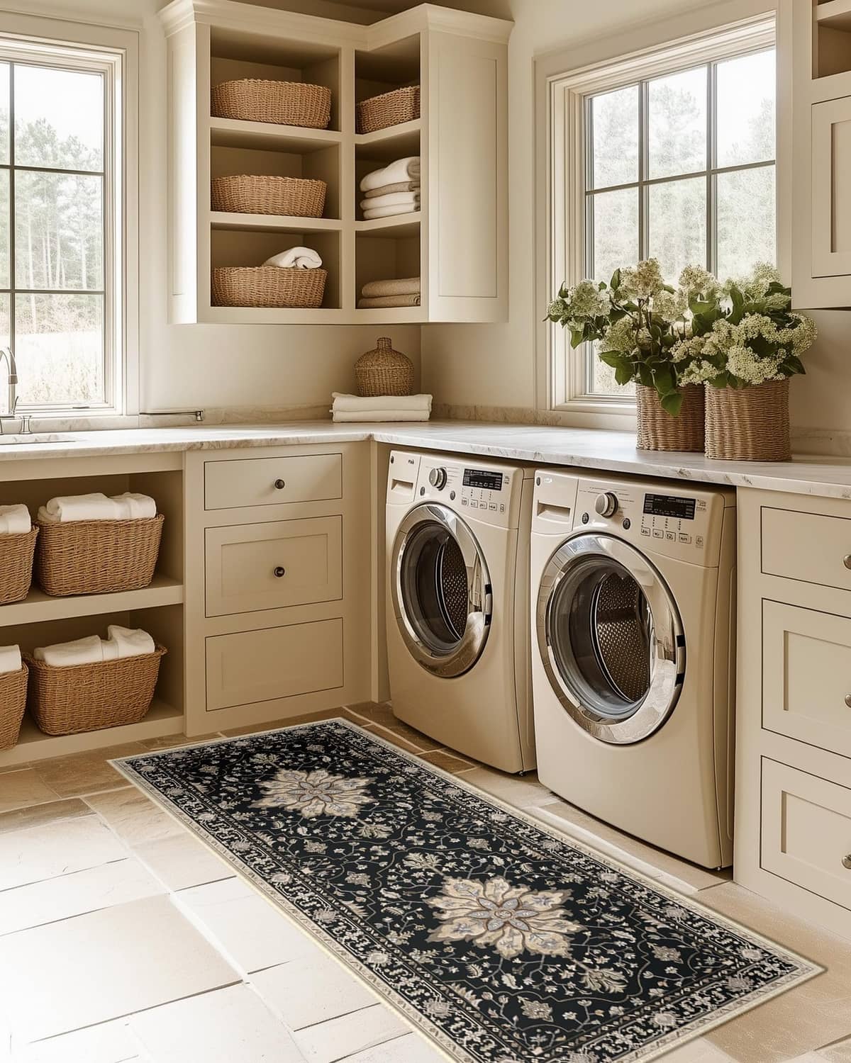Black and beige runner rug with vintage floral pattern placed in laundry room