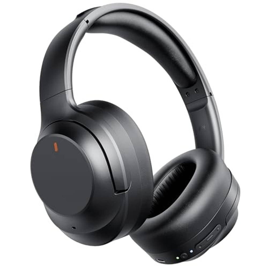Black over-ear wireless headphones, front view with cushioned headband and ear pads