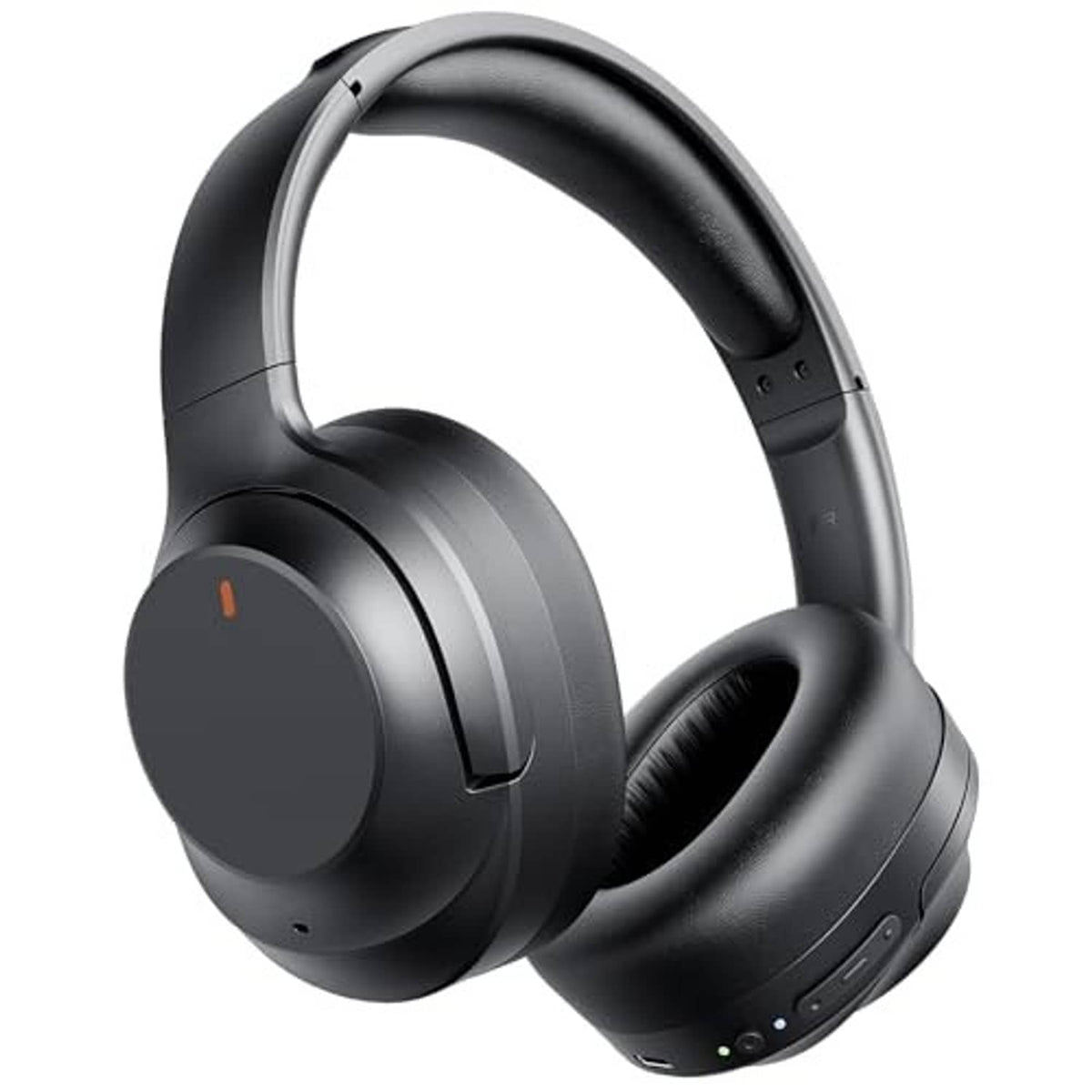Black over-ear wireless headphones, front view with cushioned headband and ear pads