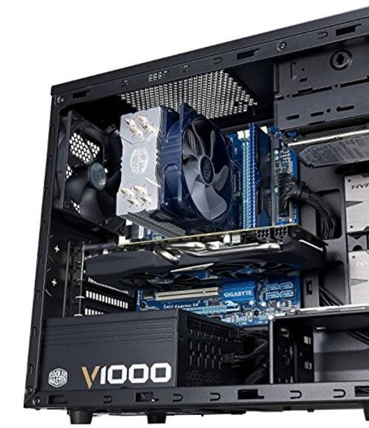 Open mini tower PC case interior with CPU cooler, RAM, and graphics card