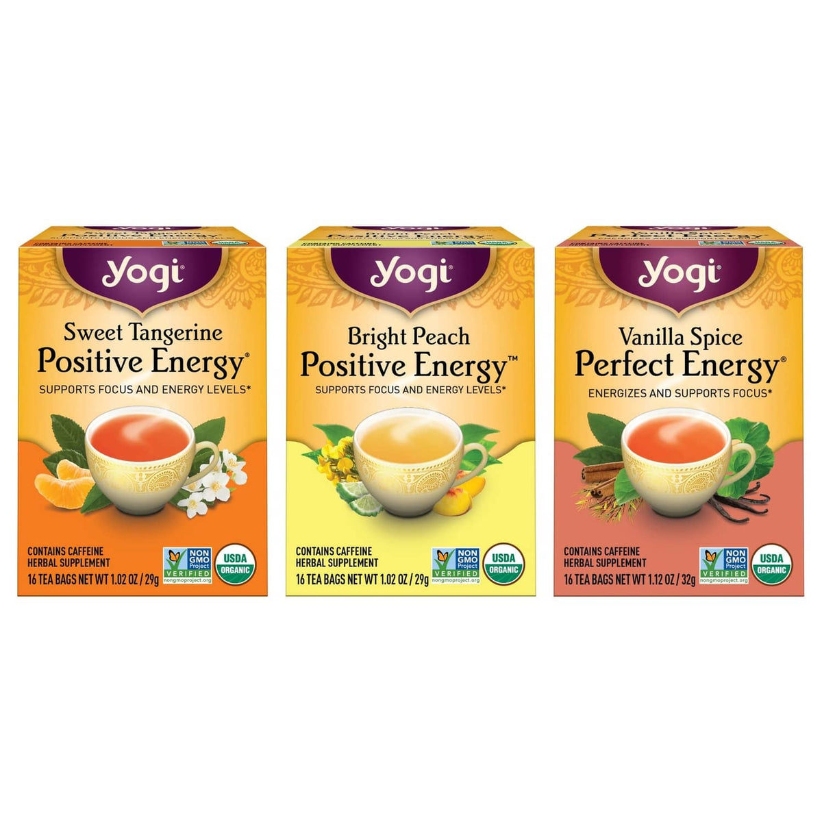 Yogi Sweet Tangerine Positive Energy tea box, 16 tea bags, USDA organic badge