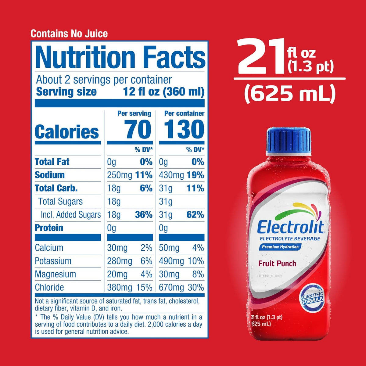 Electrolyte fruit punch Nutrition Facts panel, 21 fl oz (625 ml) bottle