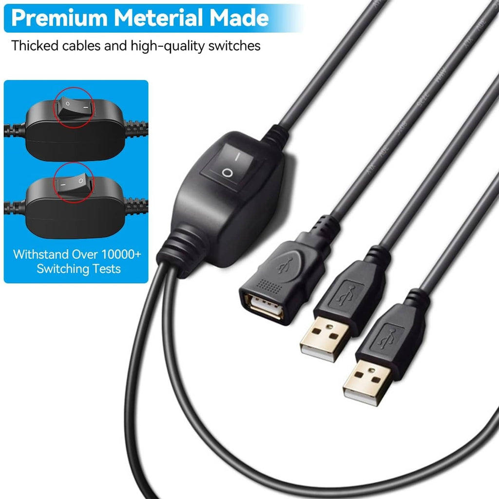 Black USB splitter switch module with on/off rocker and three cable connectors