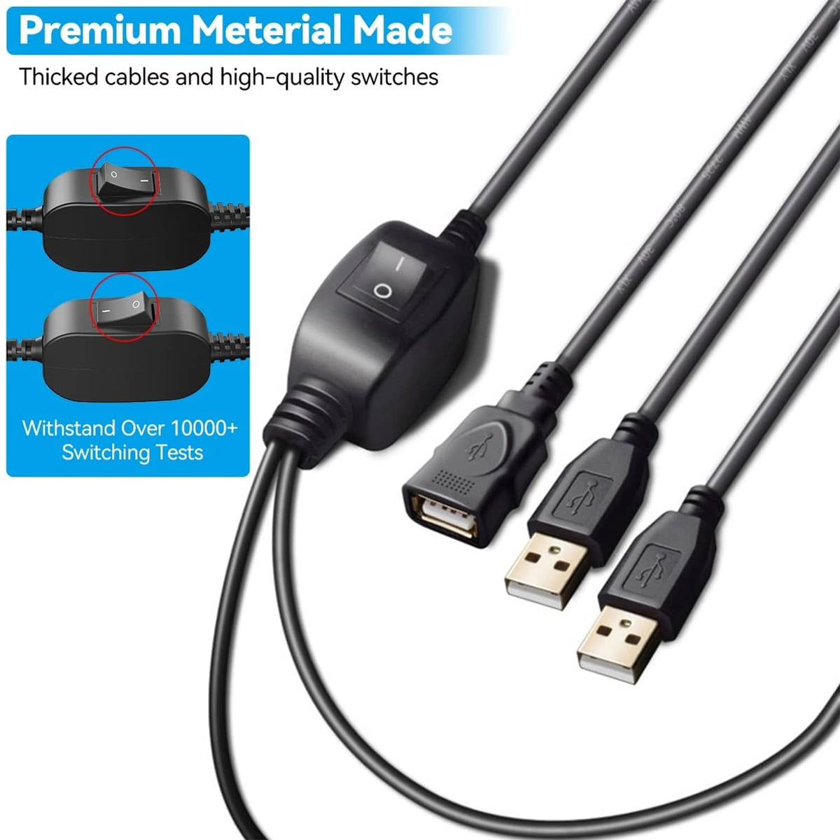 Black USB splitter switch module with on/off rocker and three cable connectors