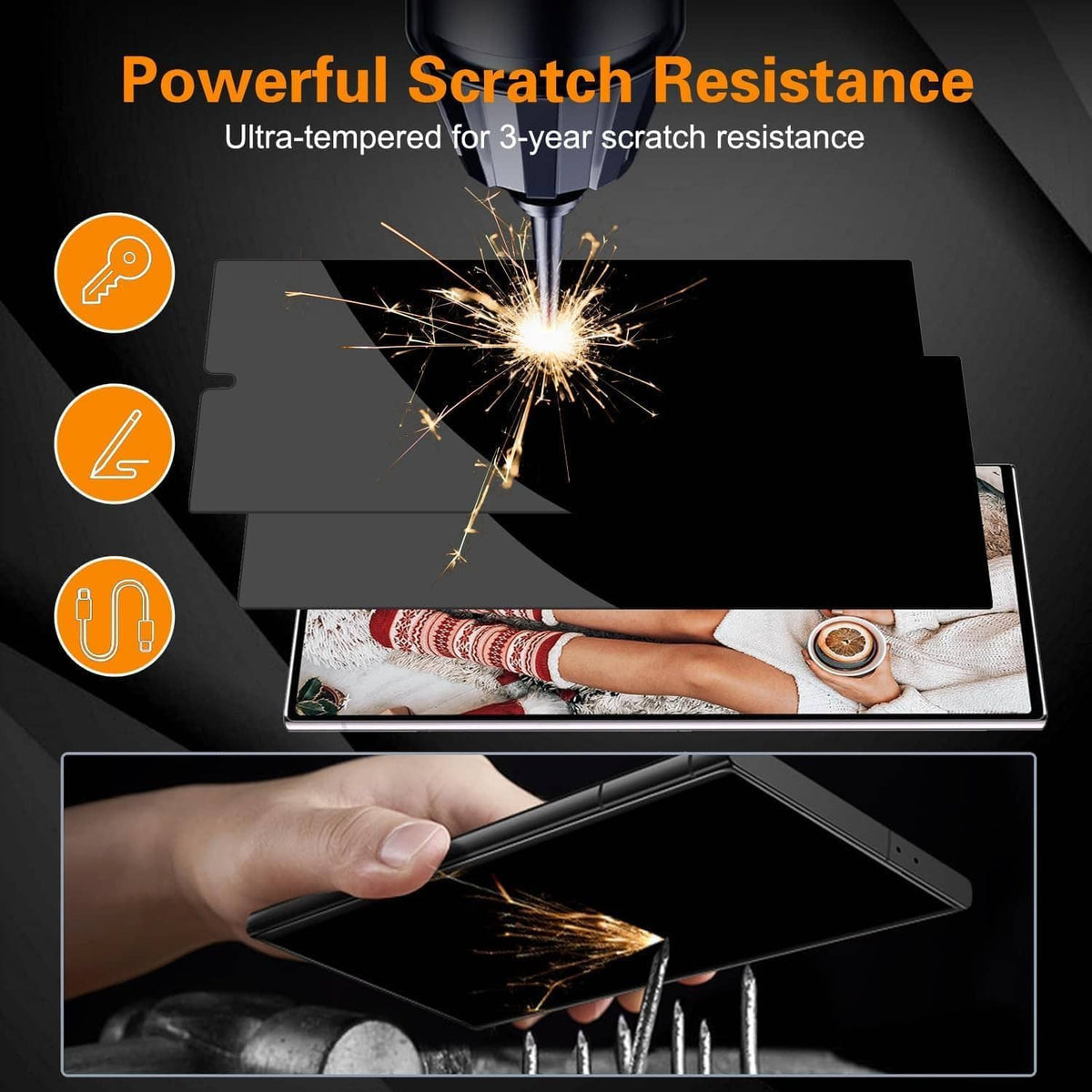 Scratch-resistant privacy screen protector glass shown with tempered impact damage graphic