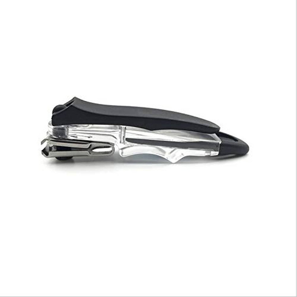 Nail clipper with black top handle and clear base housing, side view